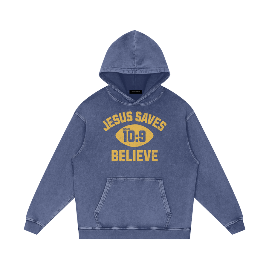"Jesus Saves"  Snow Washed Hoodie — Dark Blue