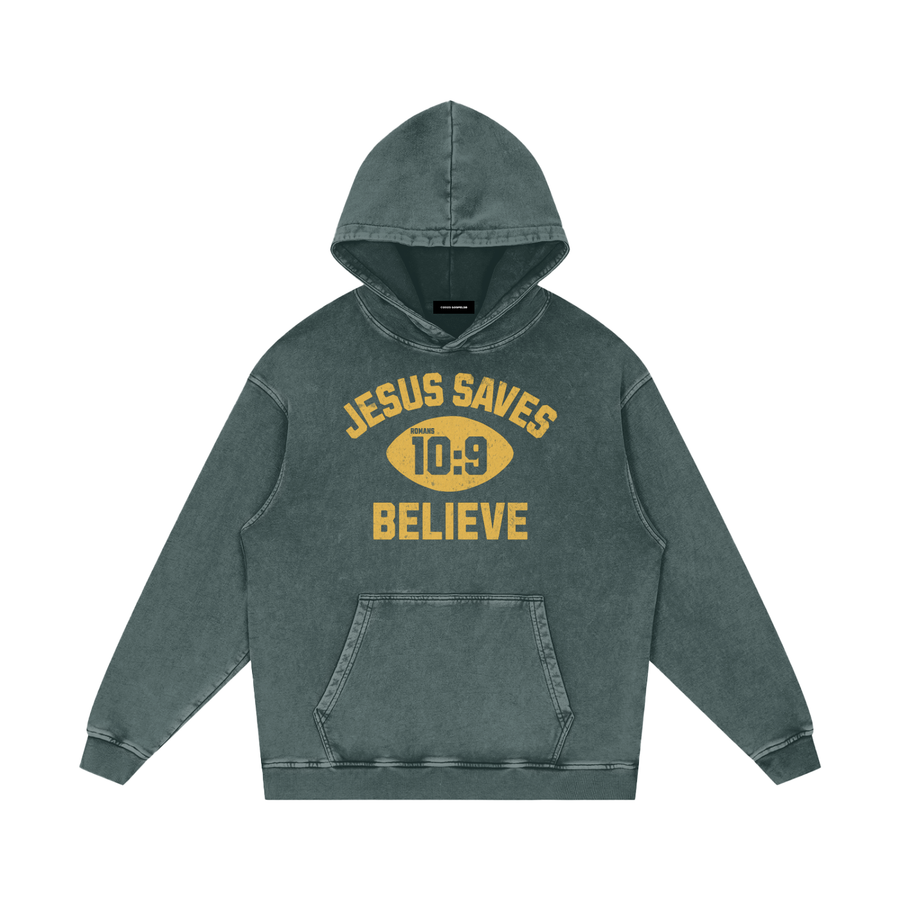 "Jesus Saves"  Snow Washed Hoodie — Black - Image 2