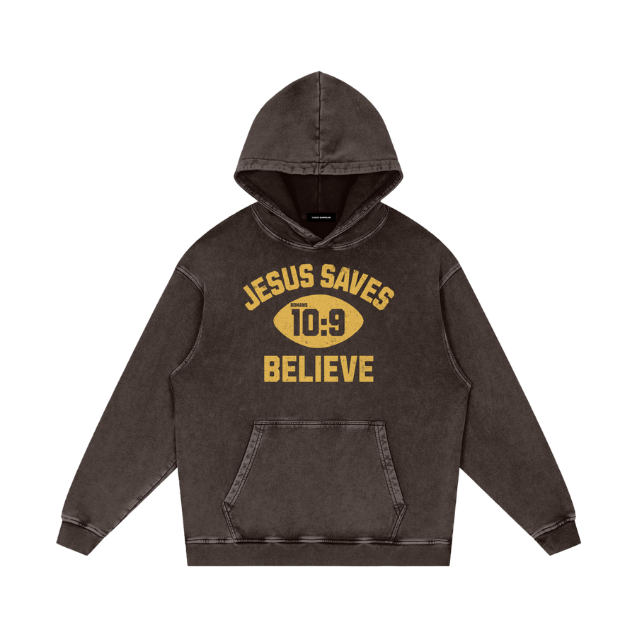 "Jesus Saves"  Snow Washed Hoodie — Dark Gray