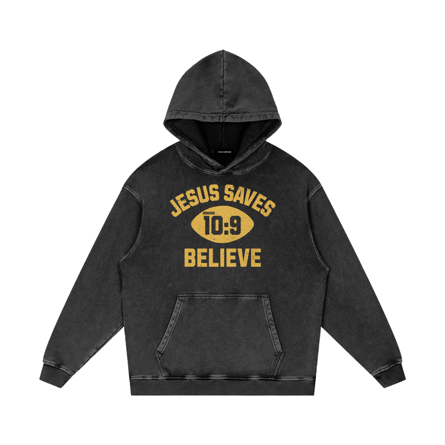 "Jesus Saves"  Snow Washed Hoodie — Black
